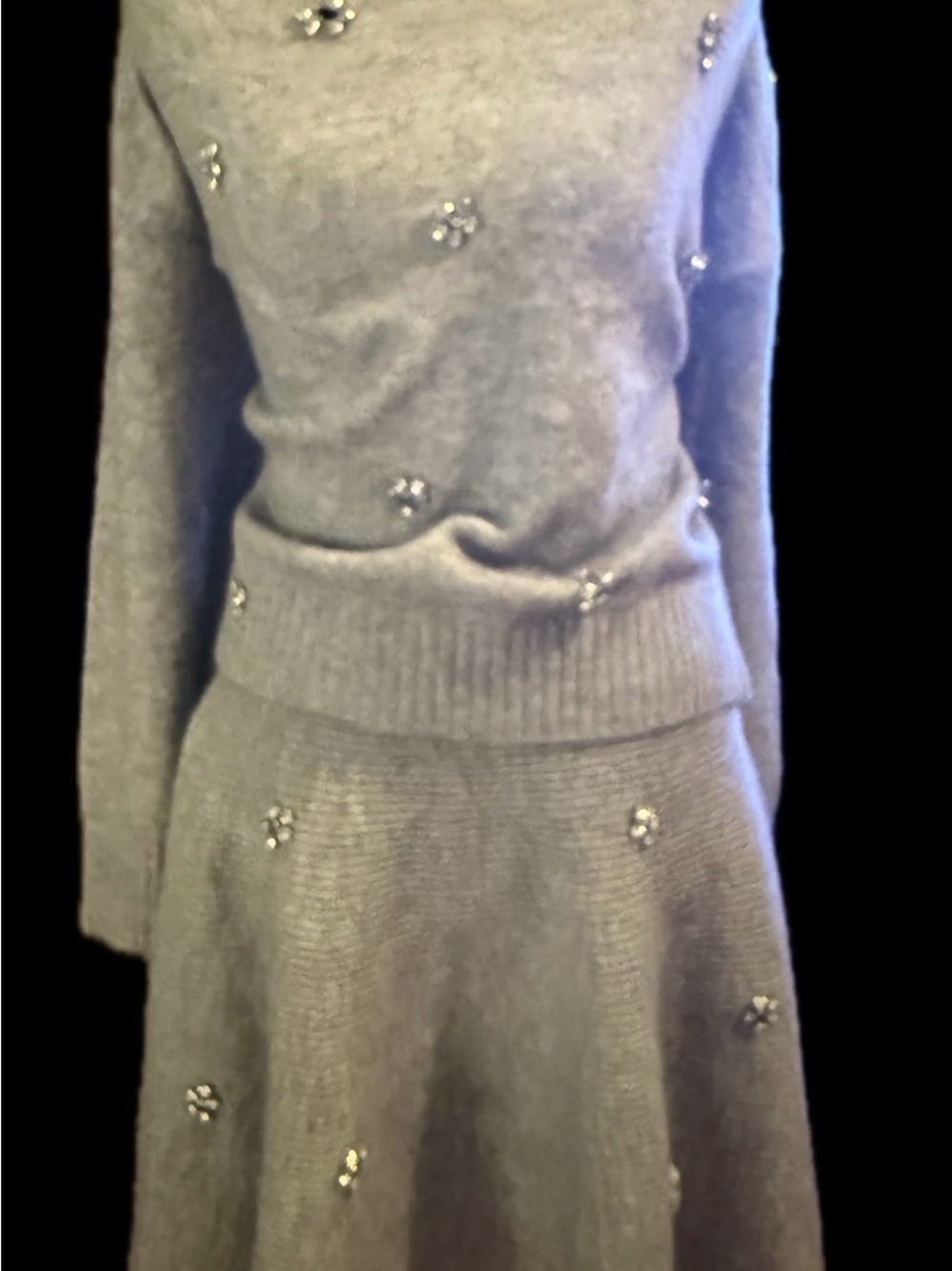 Embellished Gray A-Line Knit Skirt and Sweater Set- Women's
